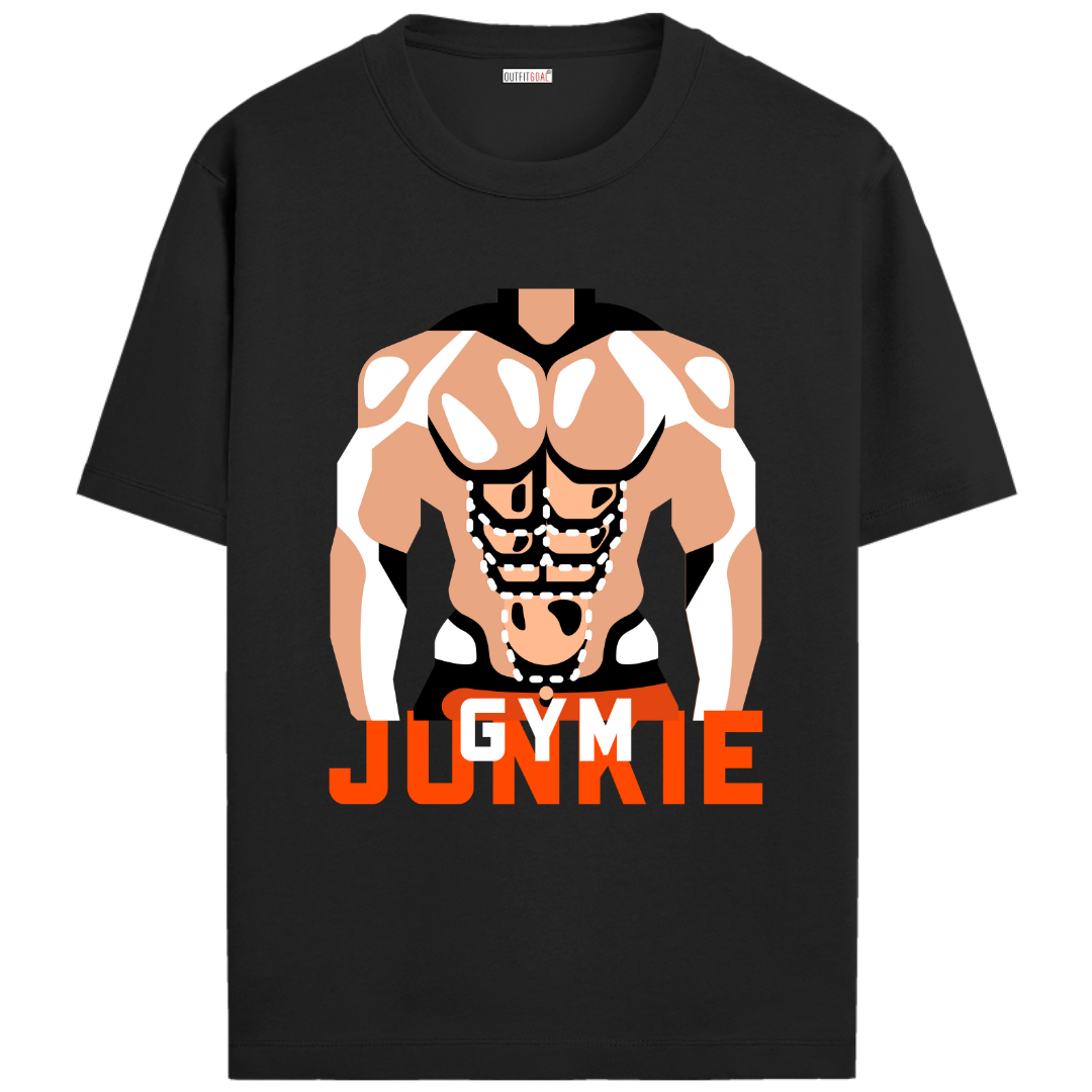 OUTFITGOAL “Gym Junkie” Motivational Gym T-Shirt | Bold Workout Tee | 100% Super Combed Cotton | Bio-Washed Finish | Unisex Fit | Fitness Lifestyle Shirt | High-Performance Gym Apparel | 180 GSM Tee